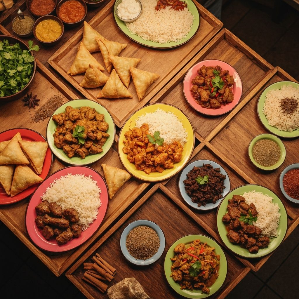 Spread of freshly prepared samosas and rice dishes